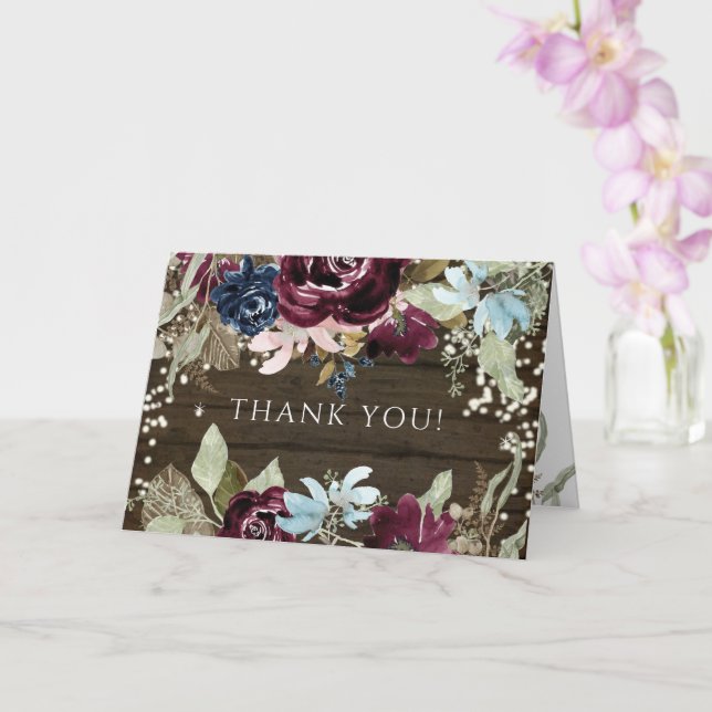 Tarjeta Burgundy Floral Rústica Twinkle Lights Gracias (Orquídea)