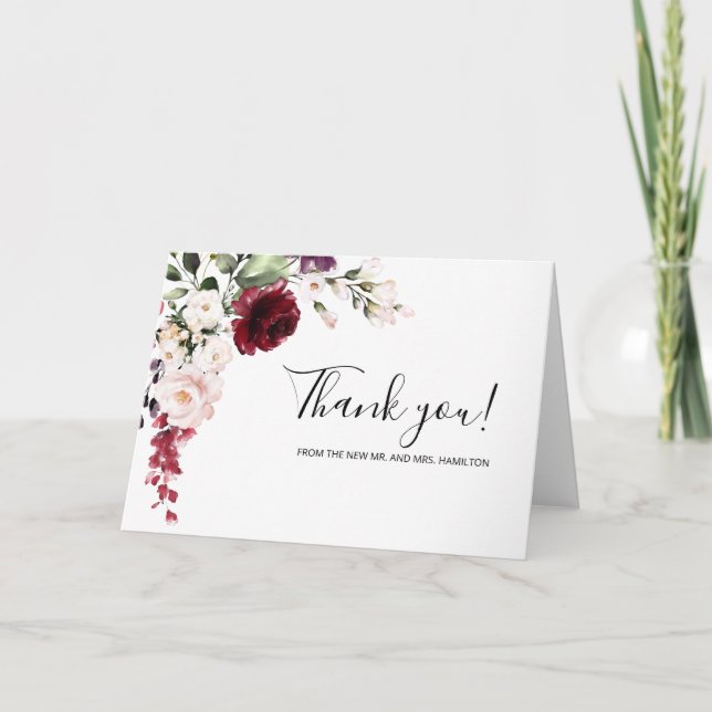 Tarjeta Burgundy Floral Watercolor Boda Gracias (Anverso)