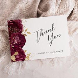 Tarjeta Burgundy Gold Floral Script Boda Agradecimiento Pl