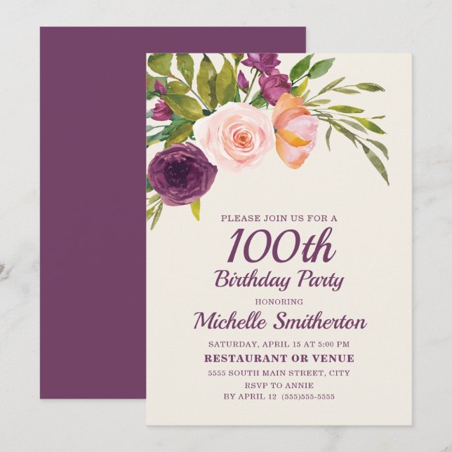 Tarjeta Burgundy Morple Rubor Pink Floral 100 cumpleaños (Anverso / Reverso)
