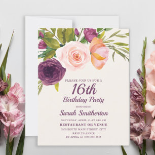 Tarjeta Burgundy Morple Rubor Pink Floral 16 cumpleaños