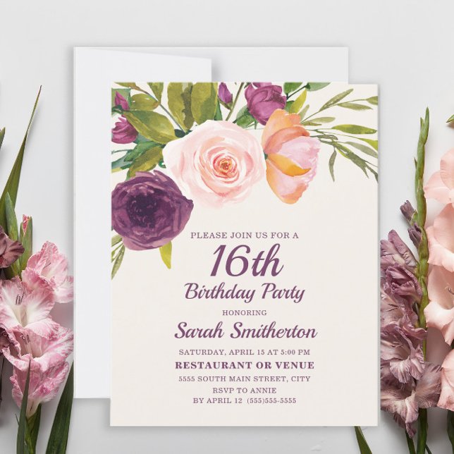 Tarjeta Burgundy Morple Rubor Pink Floral 16 cumpleaños (Subido por el creador)