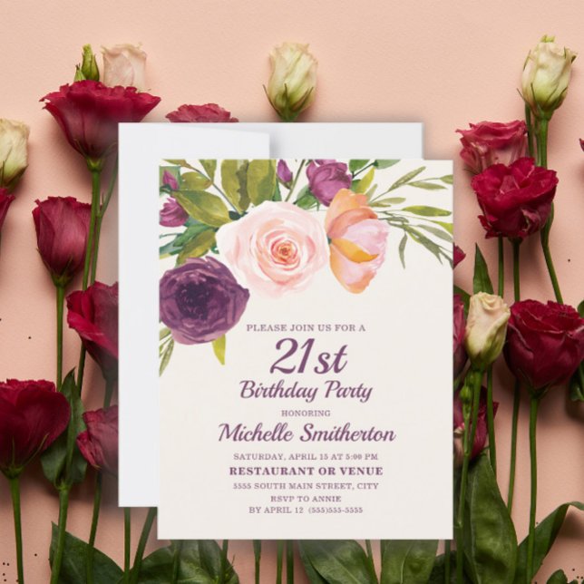 Tarjeta Burgundy Morple Rubor Pink Floral 21º cumpleaños (Subido por el creador)