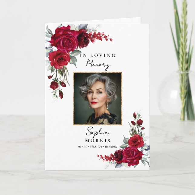Tarjeta Burgundy Red Roses Photo Memorial Funeral Program (Anverso)