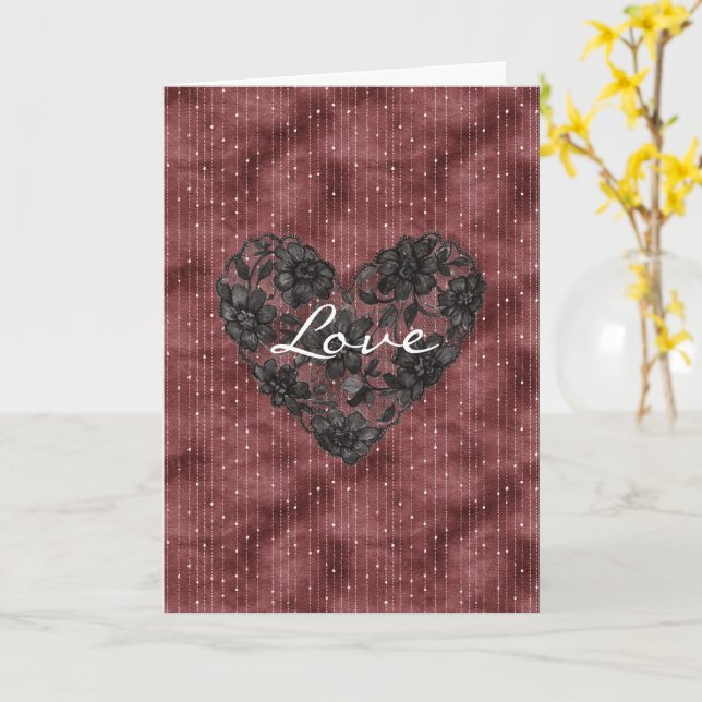 Tarjeta Burgundy Red Stripes Black Faux Lace Floral Heart (flor amarilla)