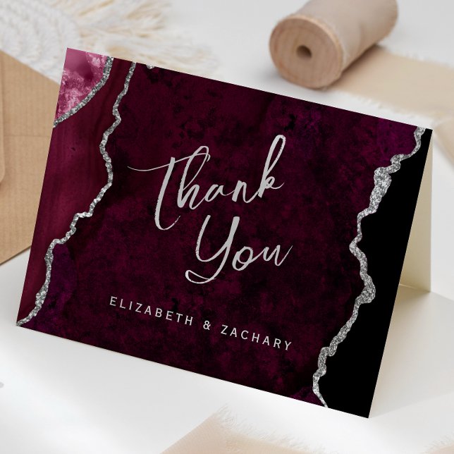 Tarjeta Burgundy Silver Agate Script Wedding Thank You (Subido por el creador)