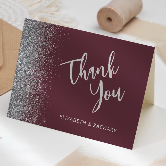 Tarjeta Burgundy Silver Glitter Script Agradecimiento de B (Subido por el creador)