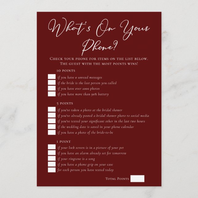 Tarjeta Burgundy What's On Your Phone Bridal Shower (Anverso)