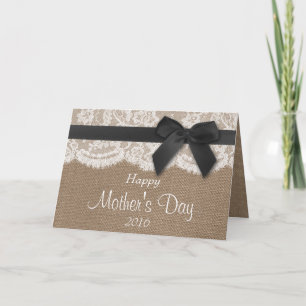 Tarjeta Burlap, Lace & Black Bow Feliz Día de la Madre