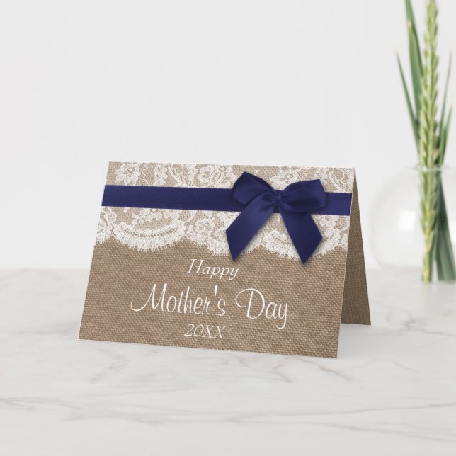 Tarjeta Burlap, Lace & Navy Bow feliz Día de la Madre (Anverso)
