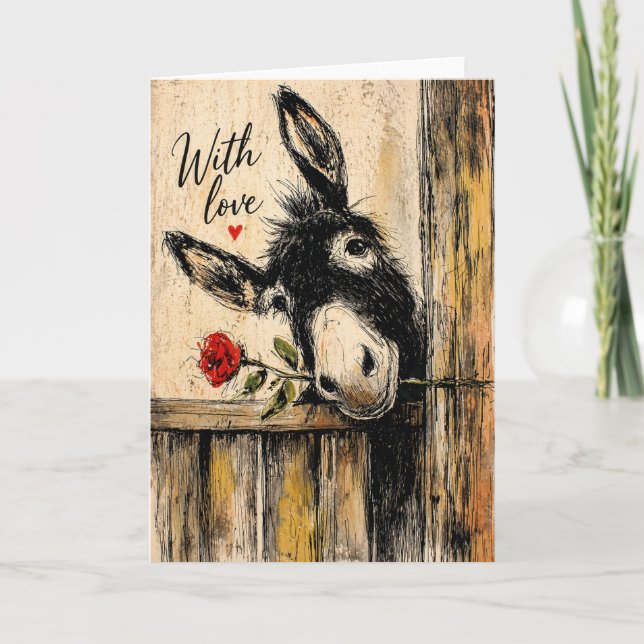 Tarjeta Burro Con Rosa Amor Rústico (Anverso)