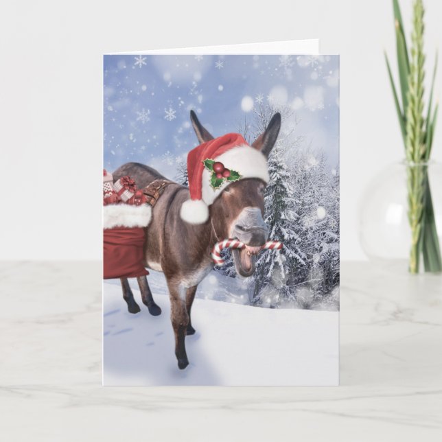 Tarjeta Burro de Navidad con sombrero rojo divertido (Anverso)