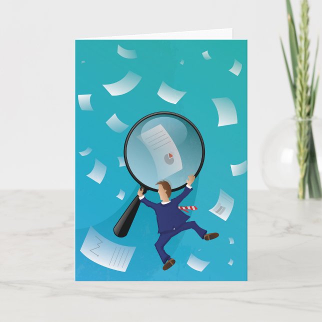 Tarjeta Businessman Giant Magnifying Glass Flying Papers (Anverso)