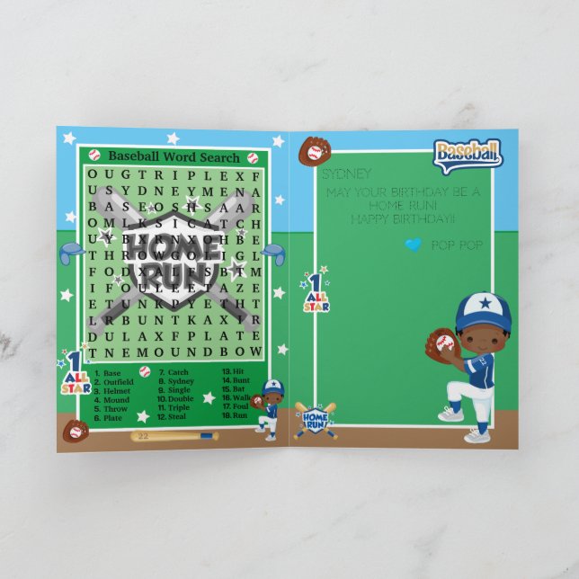 Tarjeta Búsqueda de palabras de béisbol de chicos Brown Fe (Interior)