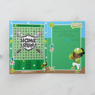 Tarjeta Búsqueda de palabras de softball para chicas moren