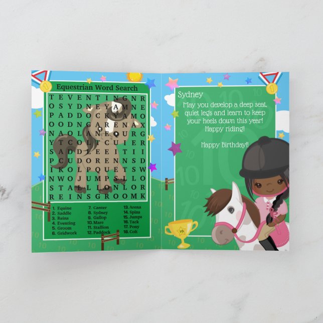 Tarjeta Búsqueda de palabras ecuestres para niñas negras F (Interior)