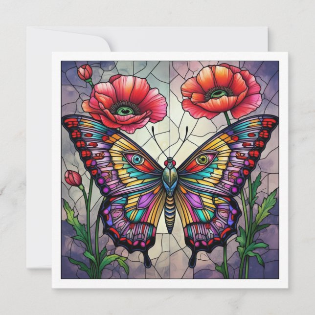 Tarjeta Butterfly stained glass design poppy flower (Anverso)