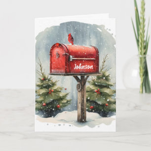 Tarjeta Buzón de Navidad en rojo acuarela con copos de nie