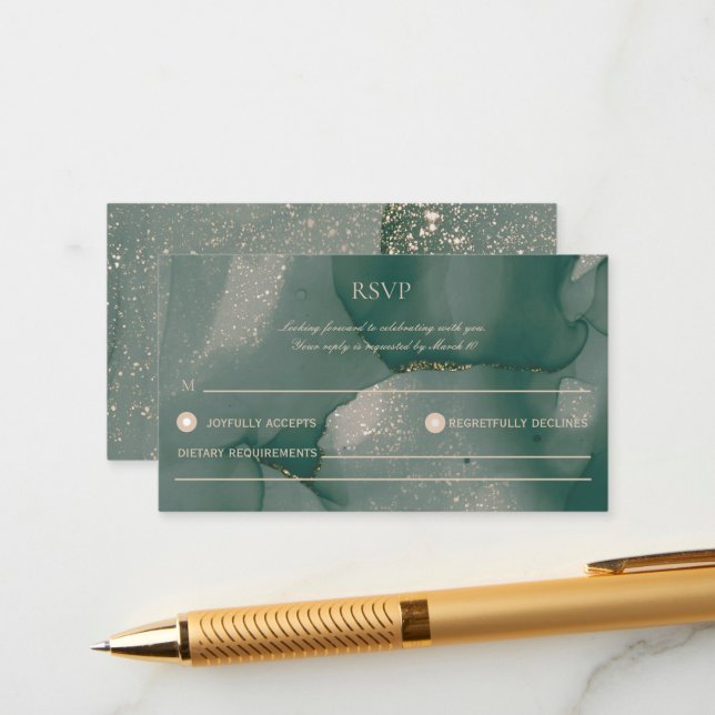 Tarjeta Ca RSVP de Boda Verde de Purpurina con tin (Anverso/Reverso In Situ)