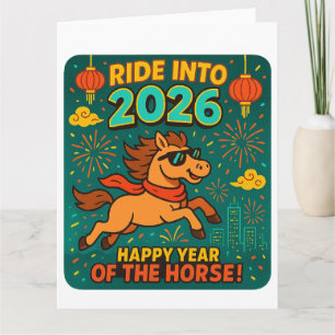 Tarjeta Cabalgata hacia 2026 – Caballo divertido y moderno