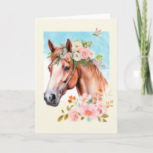 Tarjeta Caballo acuarela y saludo de flores