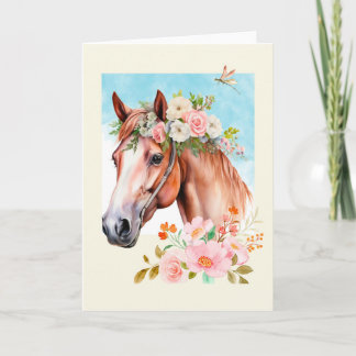 Tarjeta Caballo acuarela y saludo de flores