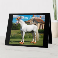 Caballo árabe blanco que lleva sombrero y zuecos