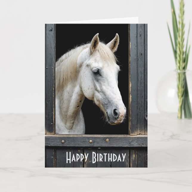 Tarjeta Caballo blanco en establo (Anverso)