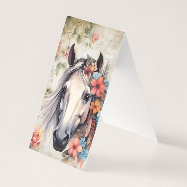 Tarjeta Caballo blanco en flores. (Anverso)