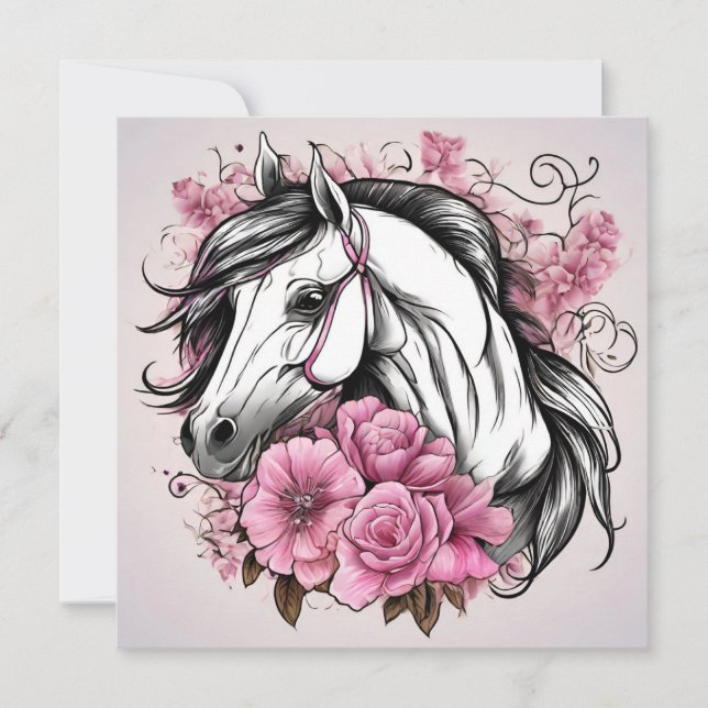 Tarjeta Caballo Blanco Hermoso con Flores Rosas (Anverso)