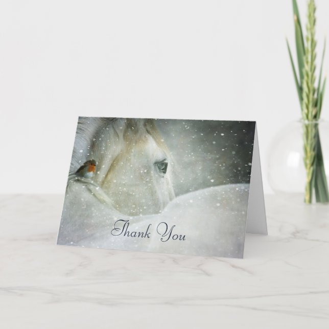 Tarjeta Caballo Blanco & Pájaro en una Nevada de Invierno  (Anverso)