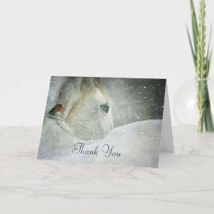 Tarjeta Caballo blanco y pájaro en una nevada de invierno