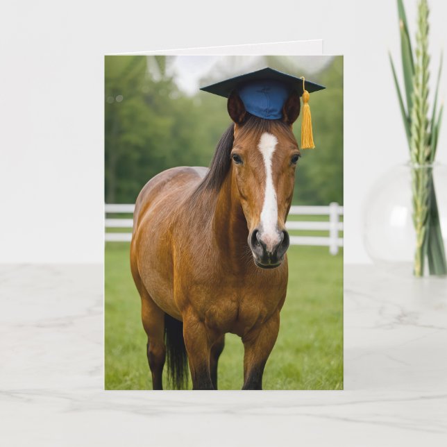 Tarjeta Caballo con gorra de graduación azul (Anverso)