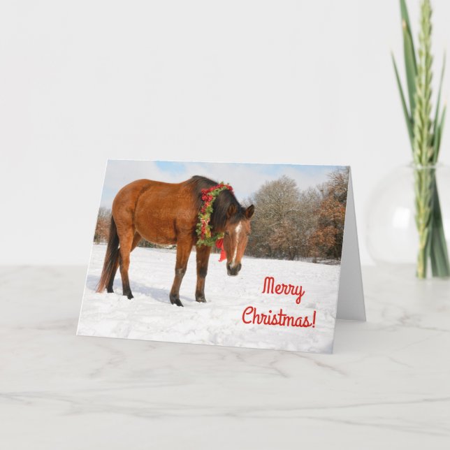 Tarjeta Caballo de bahía con flores de Navidad (Anverso)