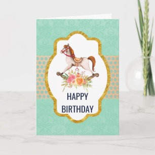 Tarjeta Caballo de Balanço Vintage con Cumpleaños de Ramo 