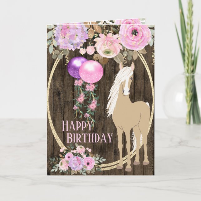 Tarjeta Caballo de bonito y flores en el cumpleaños de Bar (Anverso)