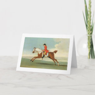 Tarjeta Caballo de carreras galopante y jinete montado en