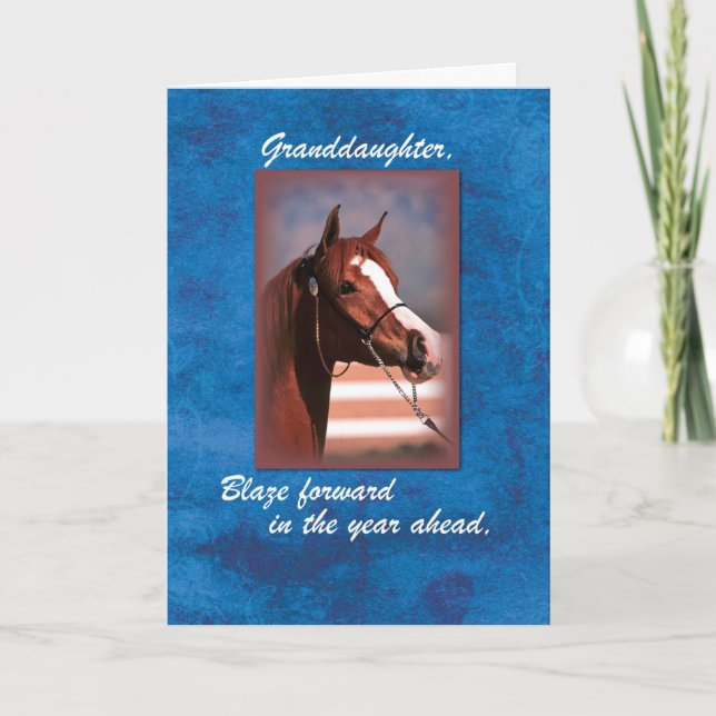 Tarjeta Caballo de cumpleaños de nieta en azul (Anverso)