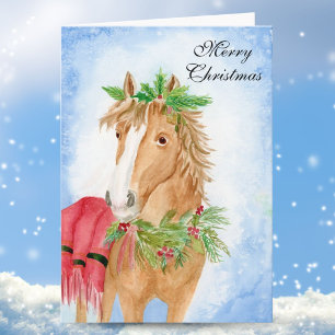 Tarjeta Caballo de Navidad con Vegetación Navideña Acuarel