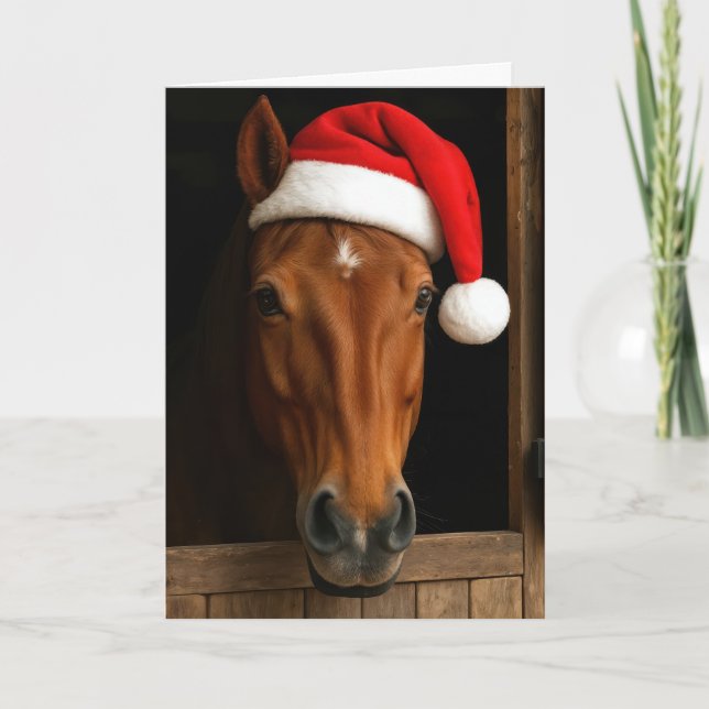 Tarjeta Caballo de Navidad en ventana de establo (Anverso)