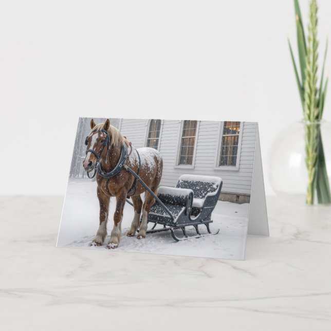 Tarjeta Caballo de Navidad uncido a un trineo junto a una  (Anverso)