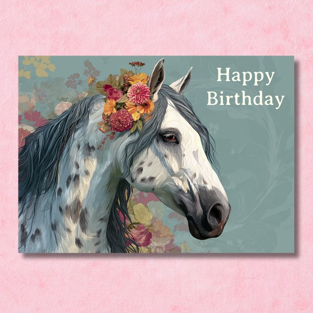 Tarjeta Caballo Gris Bonito y Flores Cumpleaños Floral (Pretty Gray Horse and Flowers Floral Birthday Card Front)