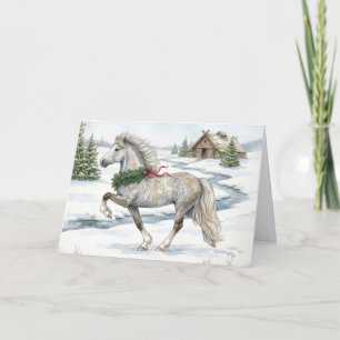 Tarjeta Caballo islandés festivo en paisaje invernal