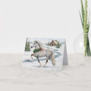 Tarjeta Caballo islandés festivo en paisaje invernal