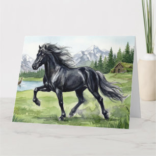 Tarjeta Caballo islandés negro Freydis en paisaje nórdico