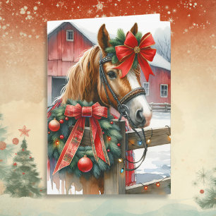 Tarjeta Caballo marrón bonito en Navidades de oso rojo