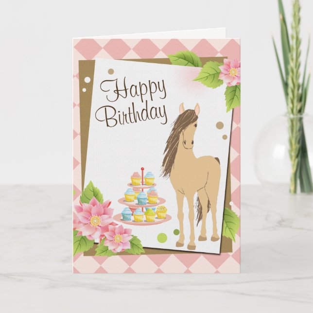 Tarjeta Caballo marrón bonito y flores rosadas Felices cum (Anverso)