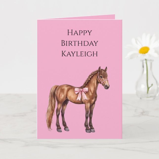 Tarjeta Caballo marrón rosado con cumpleaños trenzado (Planta pequeña)