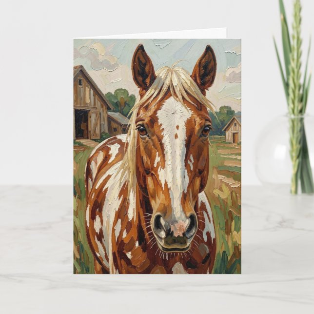 Tarjeta Caballo marrón y blanco bonito | Feliz cumpleaños (Anverso)
