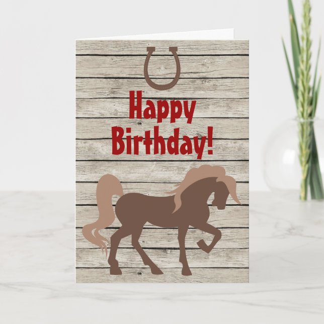 Tarjeta Caballo marrón y zapato de caballo en cumpleaños d (Anverso)